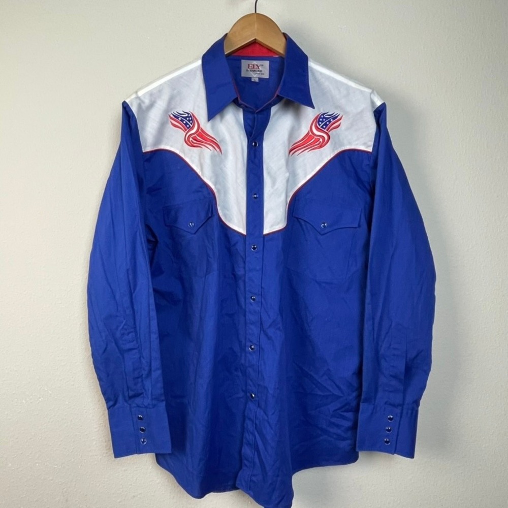ELY DIAMOND Mens Long Sleeve Western Shirt Blue White American Flag Wings Size L